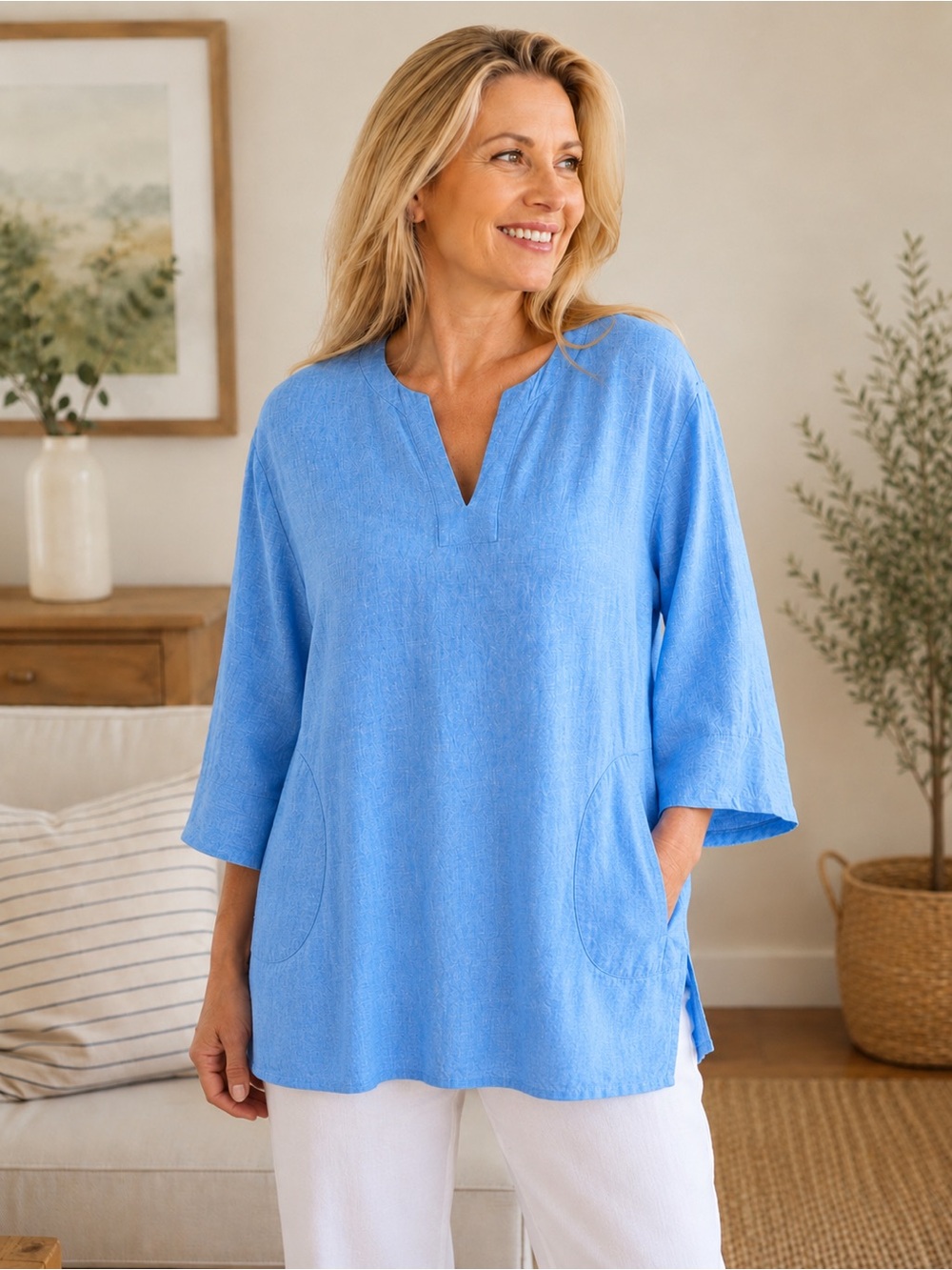 Lands’ End Linen Blend Tunic Top Blue Split Neck 3/4 Sleeve Large Coastal